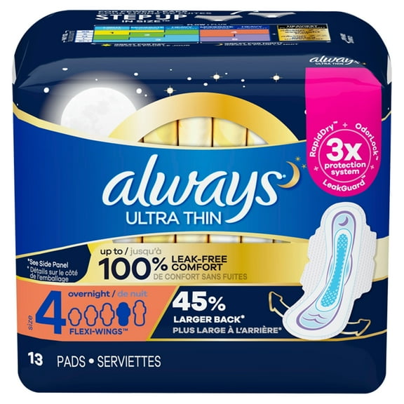 Always Ultra Thin Pads Unscented with Wings, Overnight Absorbency, Size 4, 13 Ct