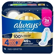 Always Ultra Thin Pads Unscented with Wings, Overnight Absorbency, Size 4, 13 Ct