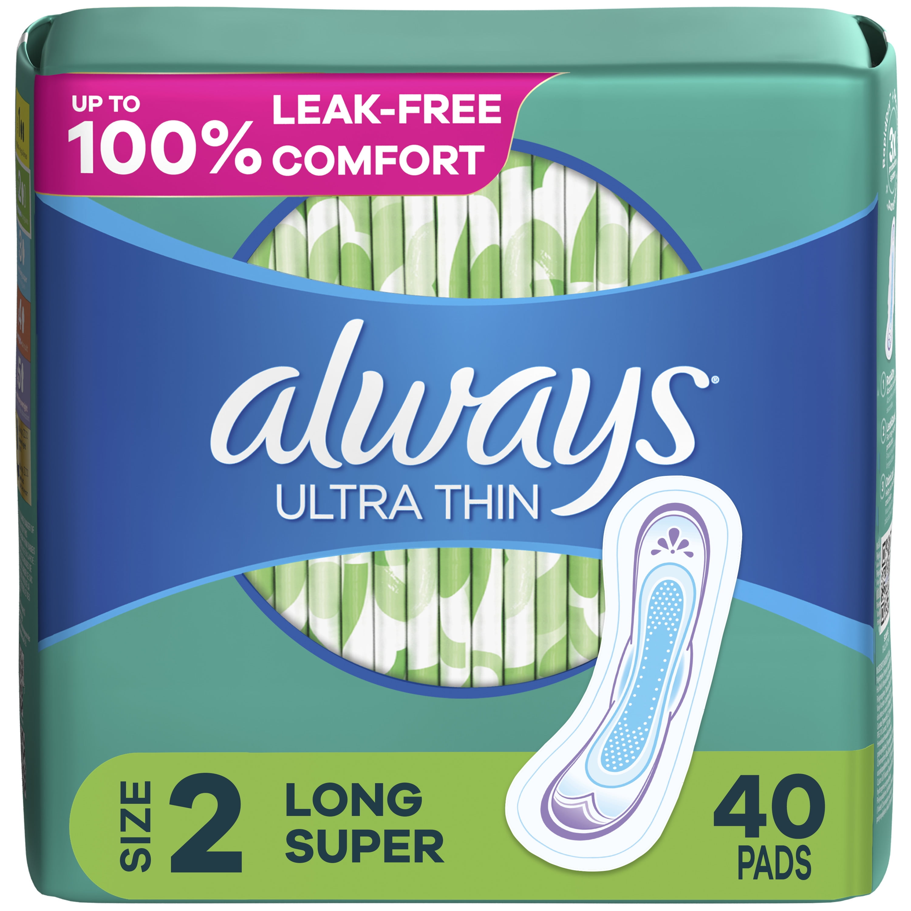 Always Ultra Thin Pads Without Wings, Size 2, Long Super Absorbency, 40
