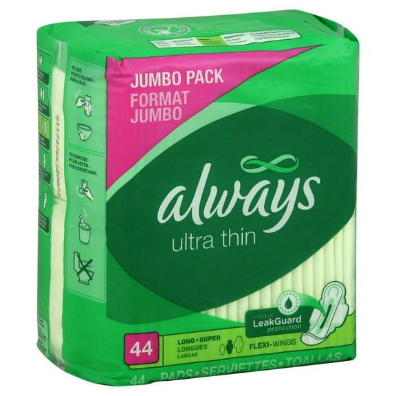 Always Ultra Thin Pads with Wings, Long, Super, 44 Count