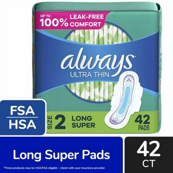 Always Ultra Thin Pads with Wings Long Super Absorbency Size 2 Unscented 42 count - Pack of 2