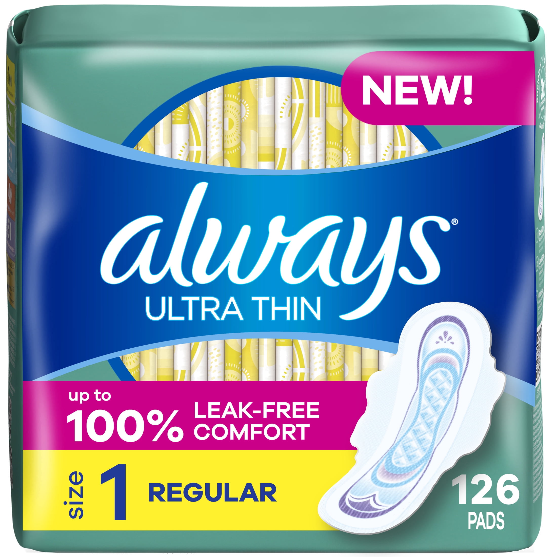 Always Ultra Thin Feminine Pads with Wings for Women, Size 1, Regular Absorbency, Unscented, 126 Count