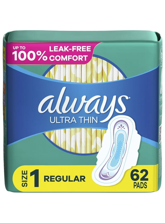 Always Ultra Thin Pads with Wings, Size 1, Regular Absorbency, 62 CT