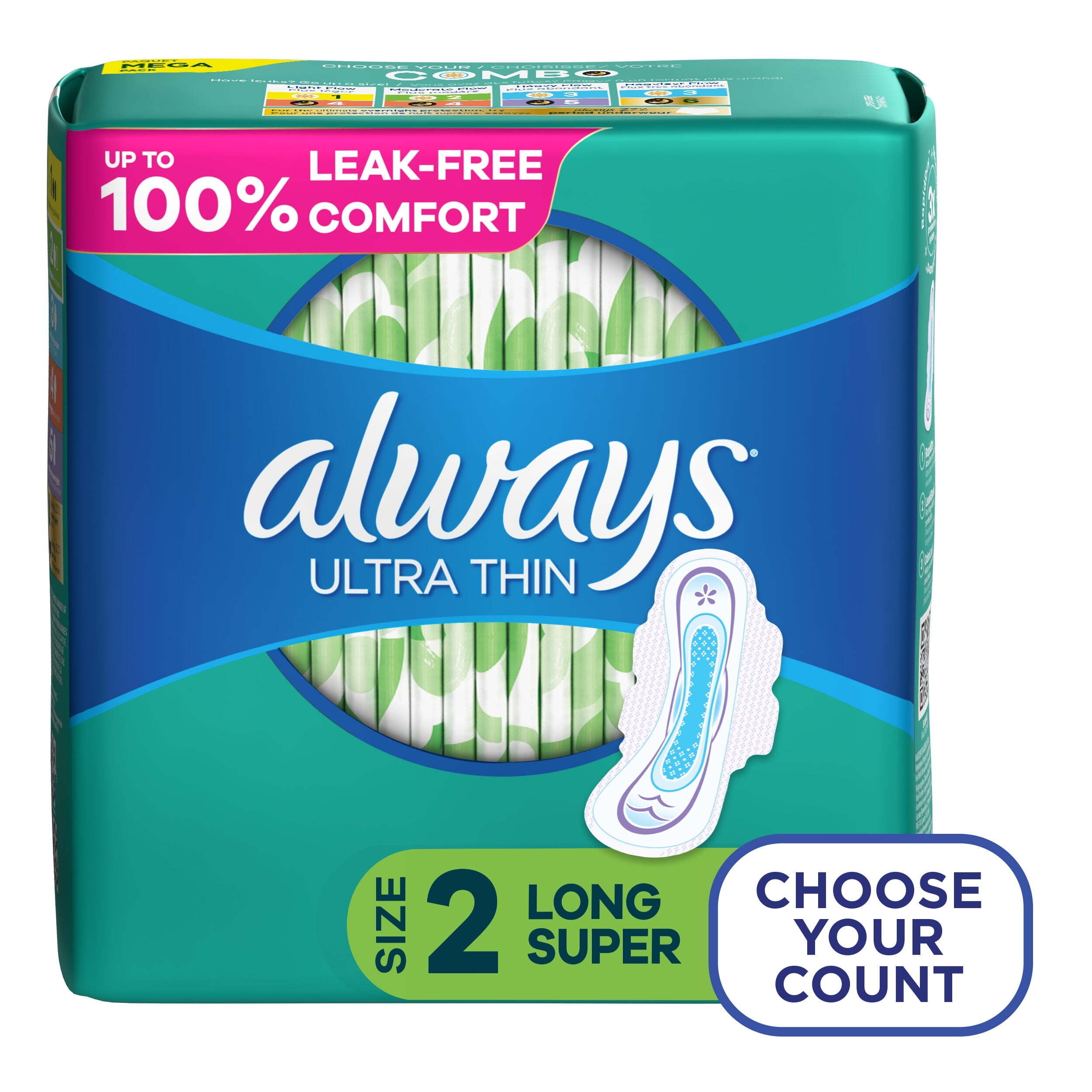 Always Ultra Thin Pads with Wings Size 2 Long Super Absorbency 58 CT