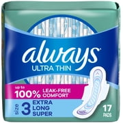 Always Ultra Thin Pads with Wings, Size 3, Extra Long Super, 17 Count