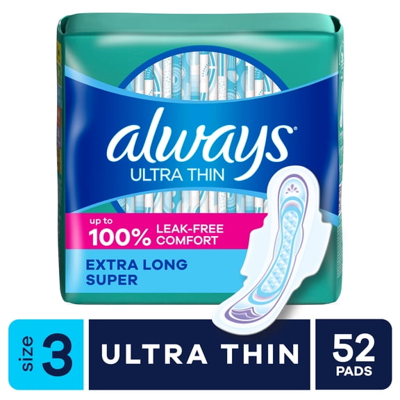 Always Ultra Thin Pads with Wings, Size 3, Extra Long Super Absorbency, 52 Count