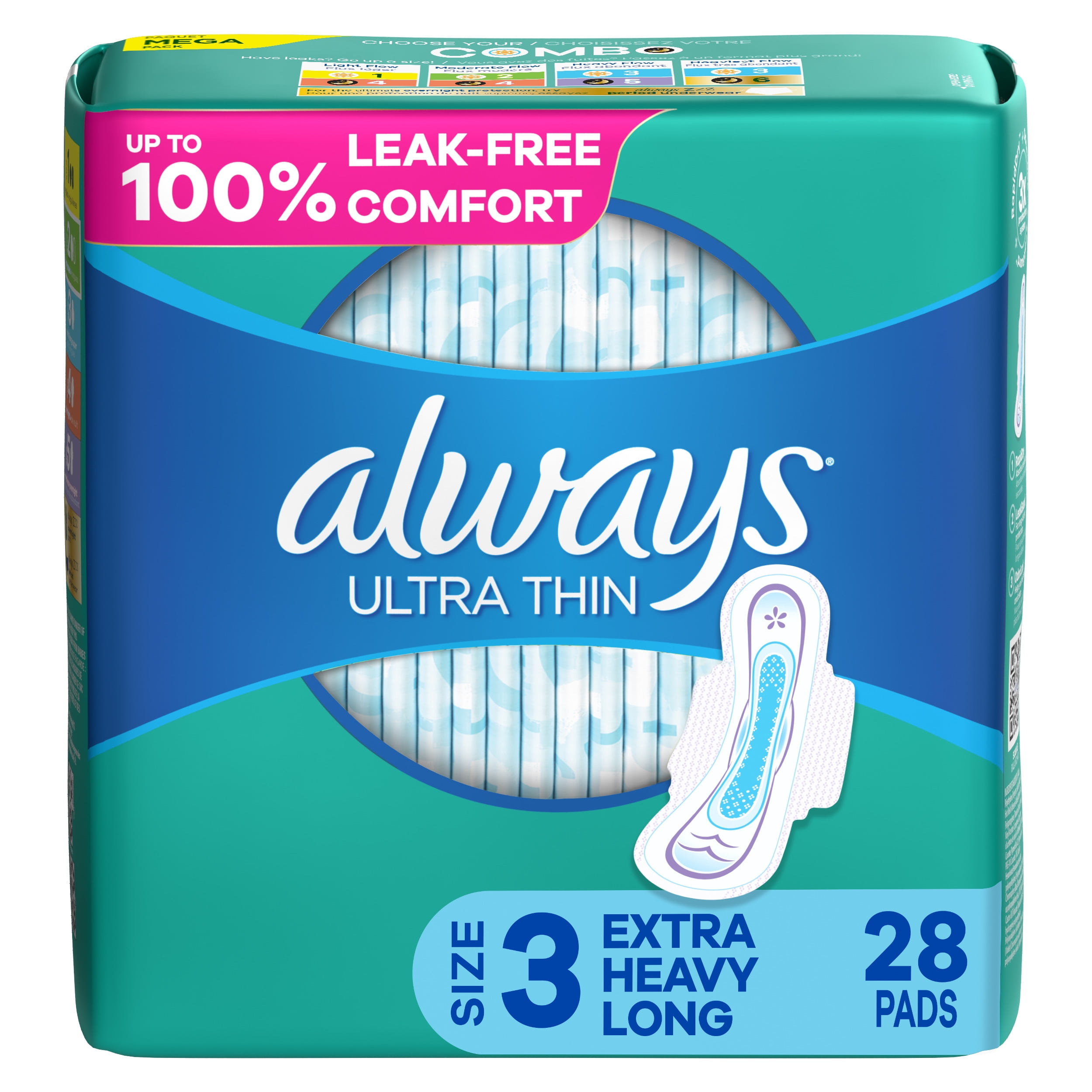 Always Ultra Thin Pads with Wings, Unscented, Extra Long, Size 3, 28 Ct