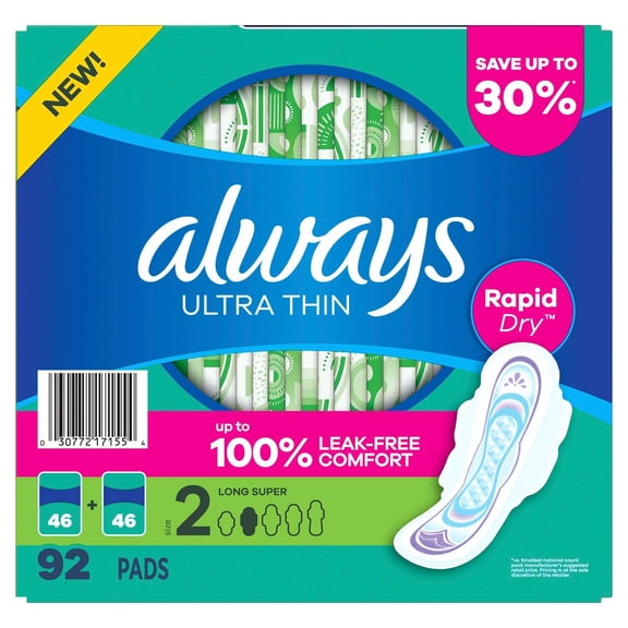 Always Ultra Thin Pads with Wings for Women, Size 2 Long Super Absorbency, Unscented, 92 ct