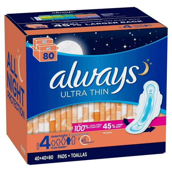 Always Ultra Thin Size 4 Overnight Pads With Wings, Unscented 80 Count .