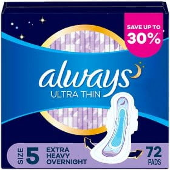 Always Ultra Thin, Size 5, Extra Heavy Overnight Pads With Wings, Unscented, 72 count.pack of 2