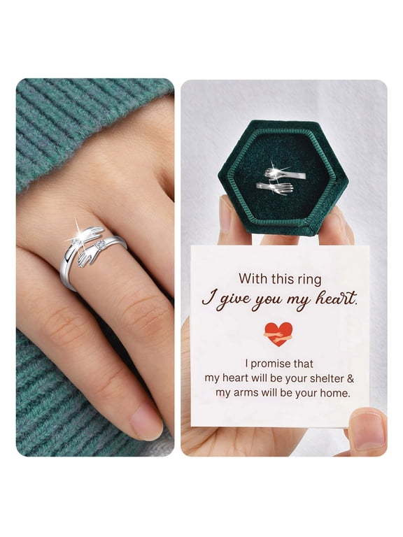 Always With You Adjustable Hug Ring for Couple Silver Tone Hugging Letter Rhinestone Jewelry for Anniversary Engagement