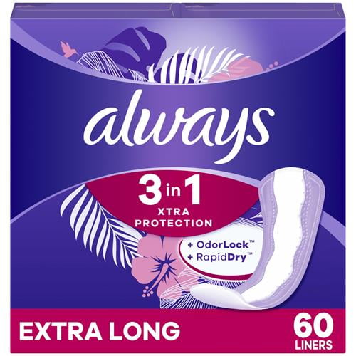 Always Xtra Protection 3-In-1 Daily Liners For Women, Extra Long, 60 Ct (Packaging May Vary) Packaging May Vary