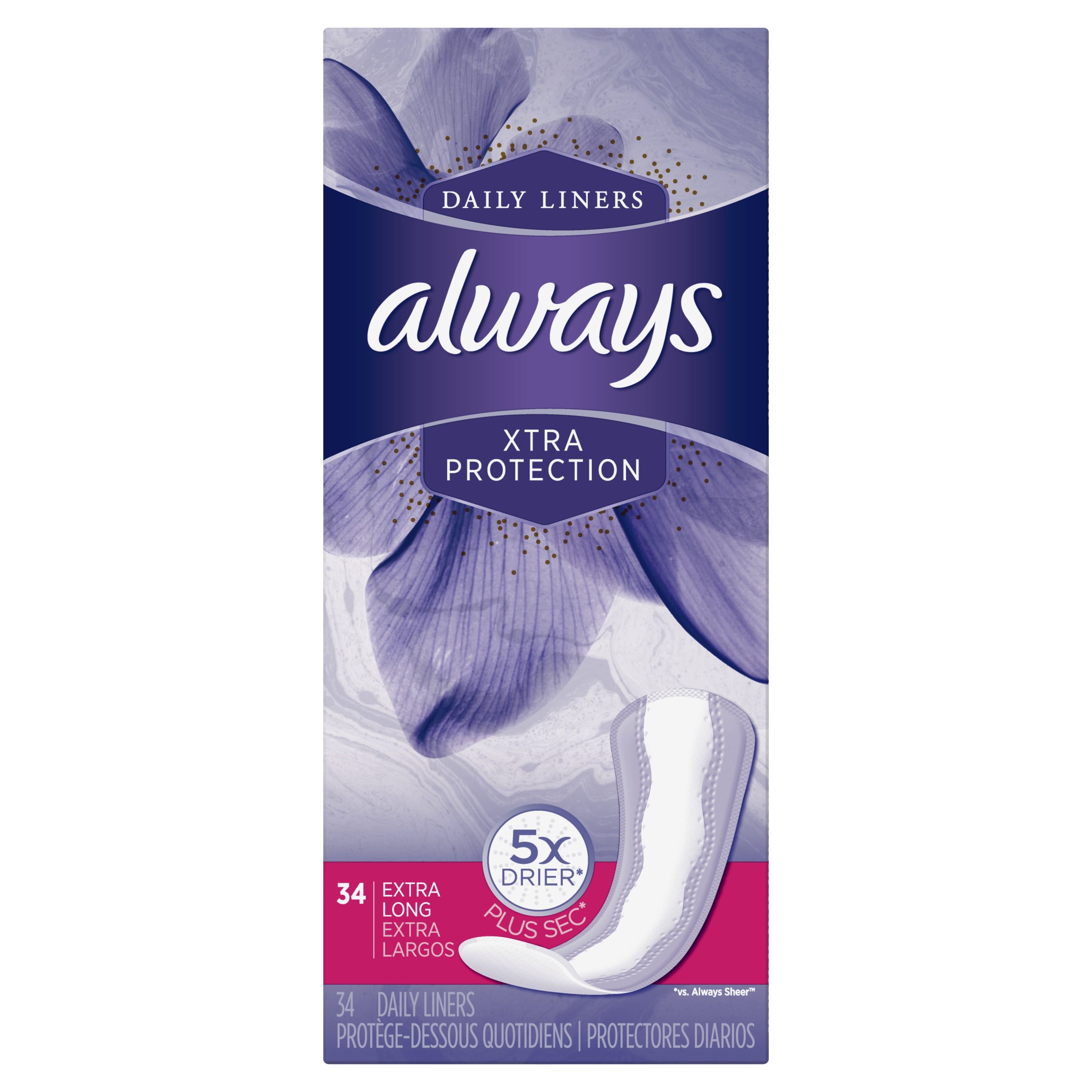 Always Xtra Protection Daily Liners Extra Long Unscented, 34 Count