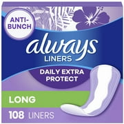 Always Anti-Bunch Xtra Protection Daily Liners, Long, Unscented, 108 CT