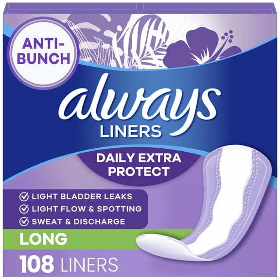 Always Anti-Bunch Xtra Protection Daily Liners, Long, Unscented, 108 CT