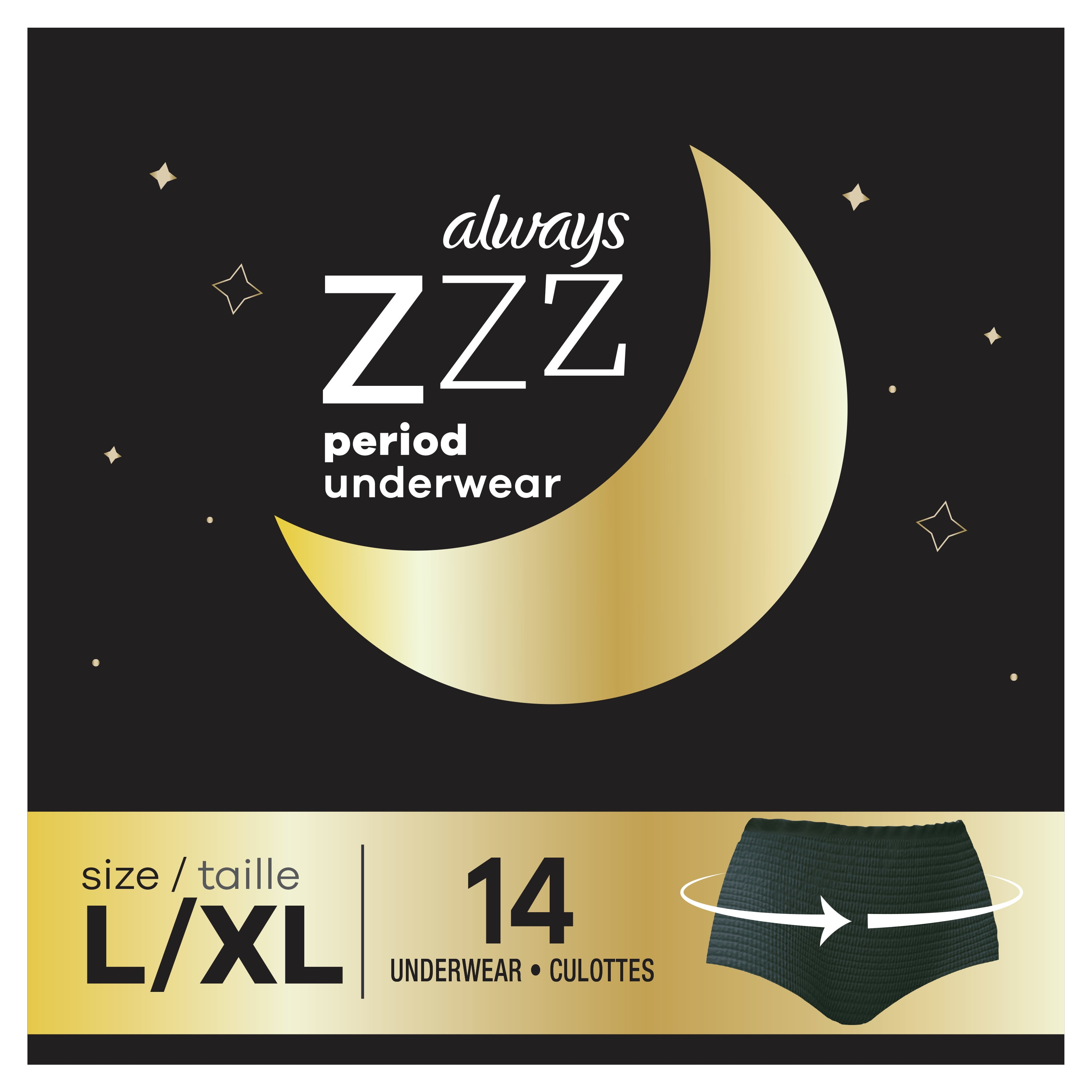 Always ZZZ Overnight Disposable Period Underwear 360&deg; Coverage, Size LG, 14 Ct.