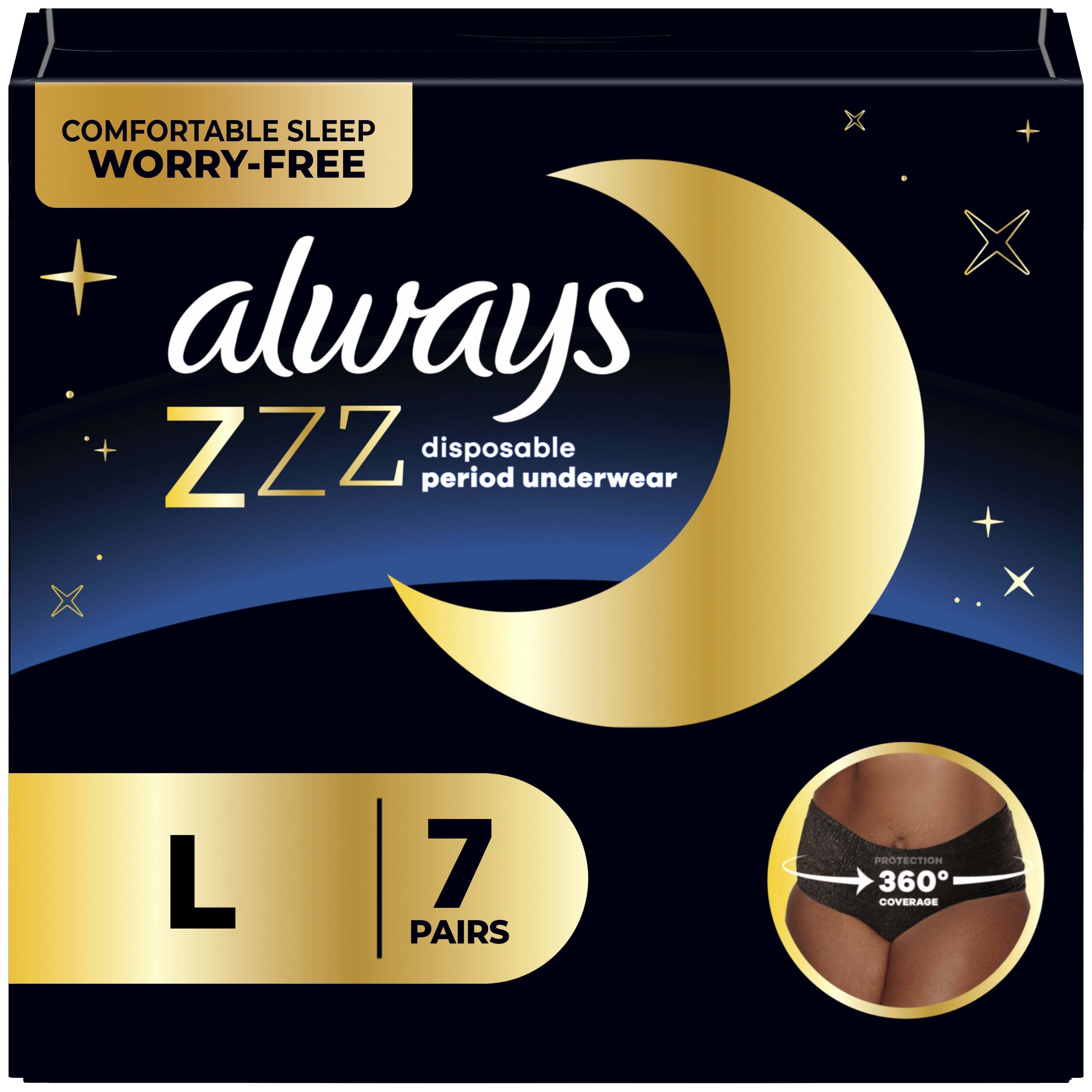 Always Zzzs Overnight Disposable Period Underwear For Women, Size  Small/Medium, Black Period Panties, Leakproof, 7 Count x 2 Packs (14 Count  total) 