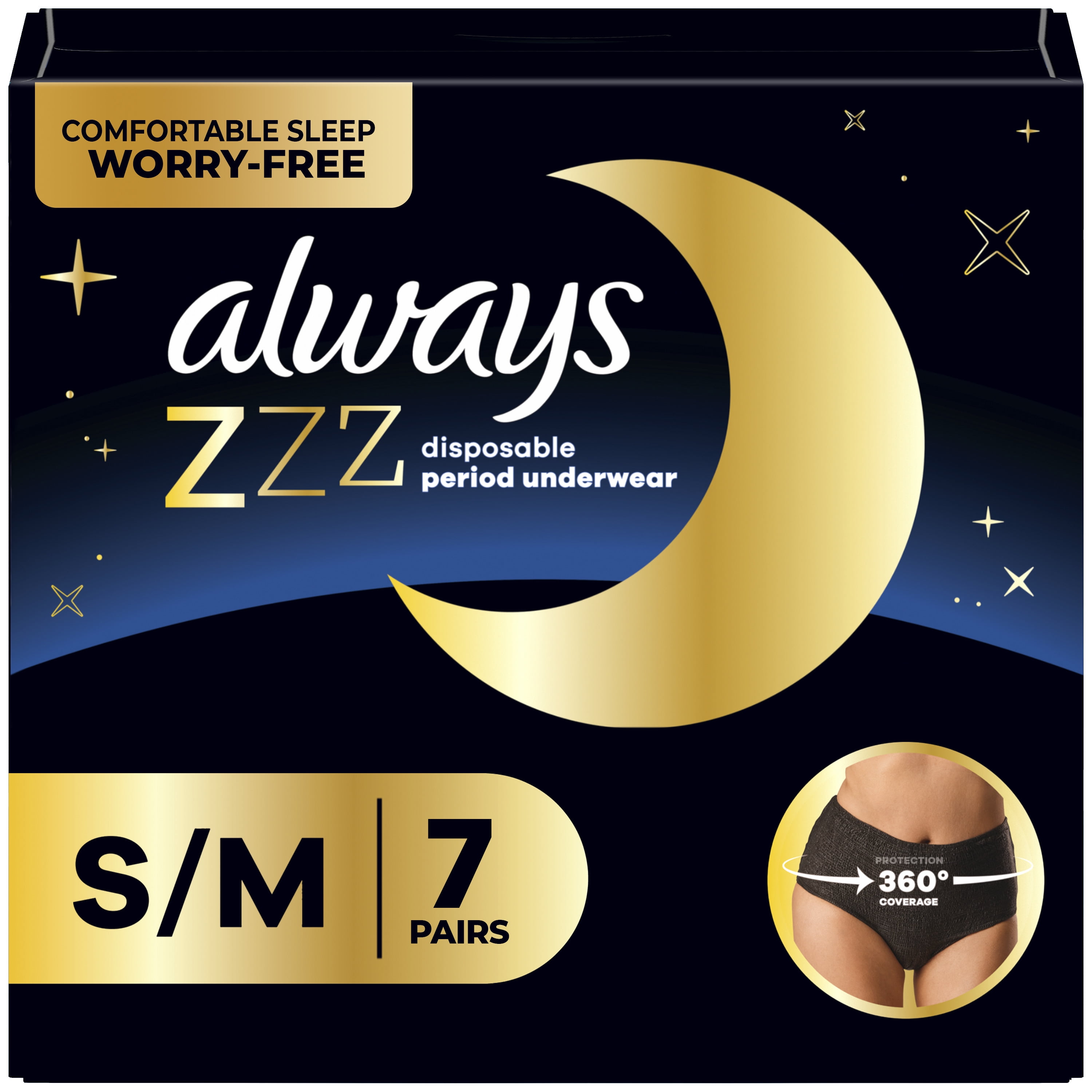 Always ZZZ Overnight Disposable Period Underwear Size S/M, 7 Count