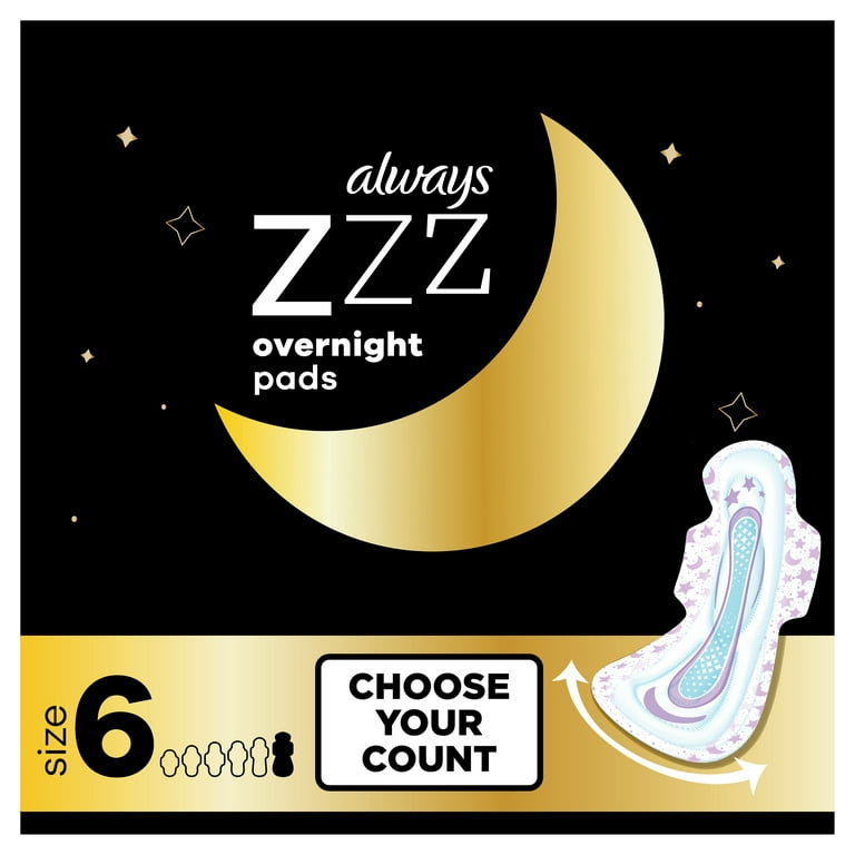 Always ZZZ Overnight Pads for Women with Wings, Unscented, Size 6
