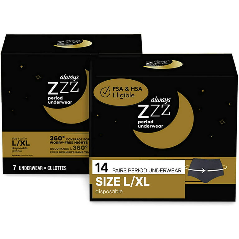 Always ZZZs Overnight Disposable Period Underwear for Women, Size L, Black  Period Panties, Leakproof, 7 Count, Pack of 2 (14 Count Total)