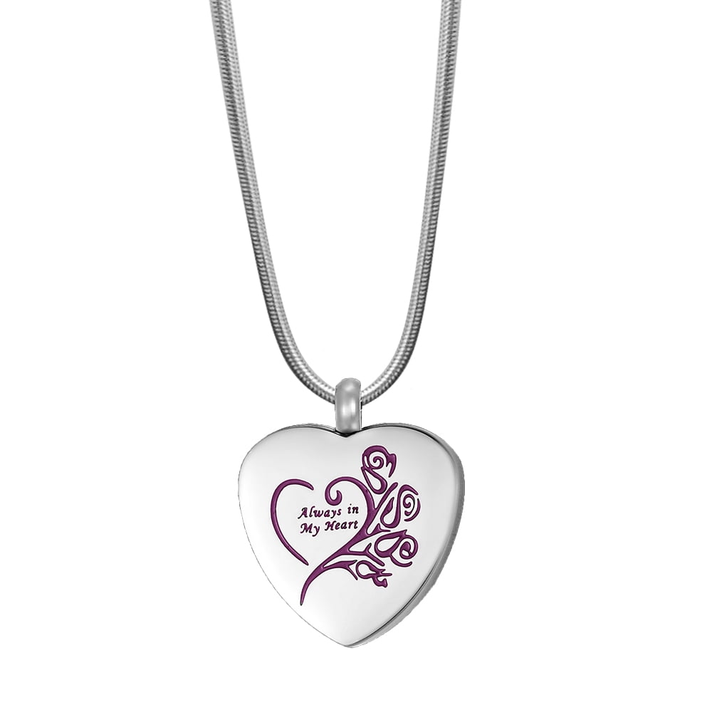 Always in My Heart Ashes Container Cremation Urn Neckalce Ashes Keepsake Memorial Jewelry with FREE Funnel Kit and Velvet Jewelry Box-[Silver Purple]