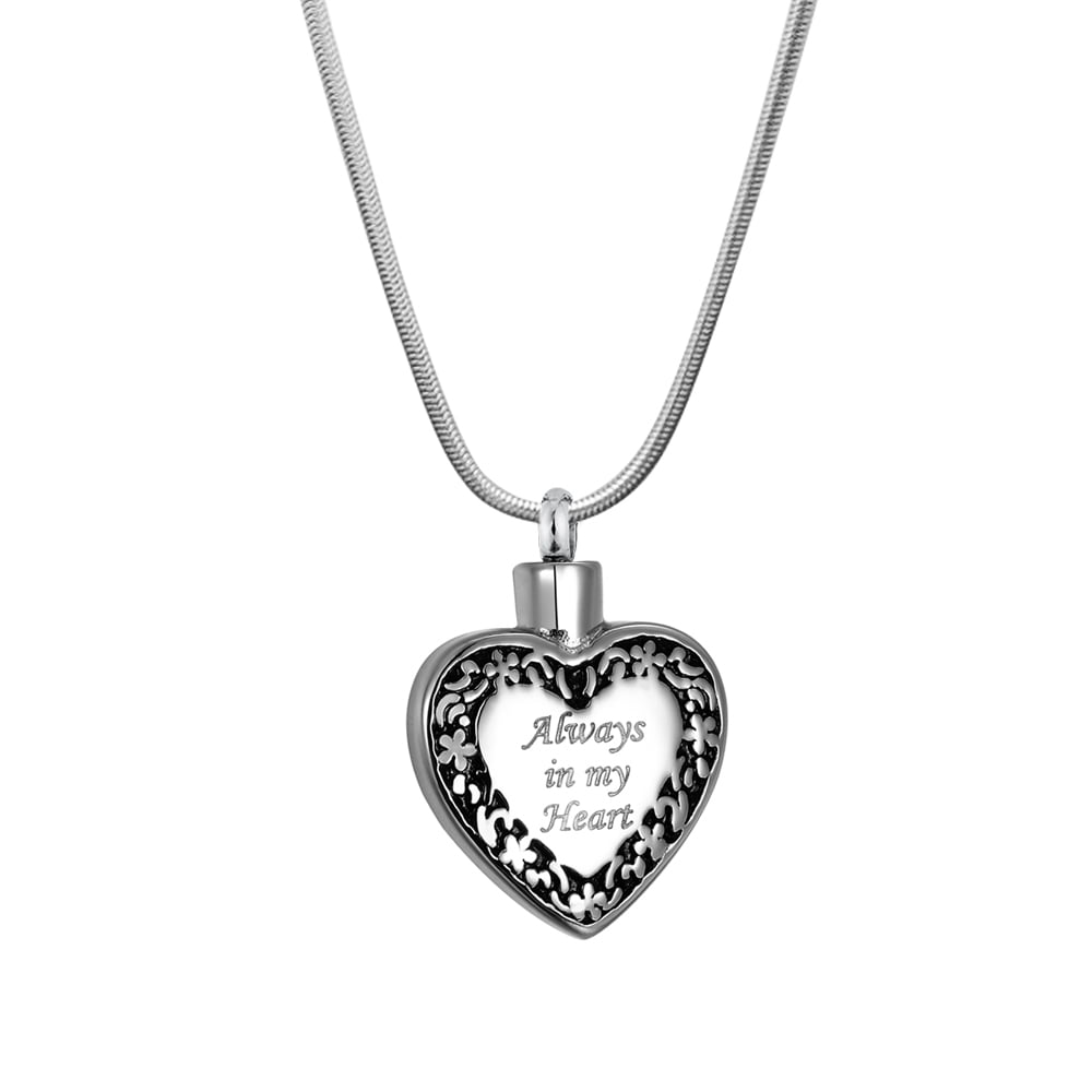 Always in My Heart Cremation Jewelry Keepsake Urn Memorial Necklace Ashes Holder with FREE Funnel Kit and Velvet Jewelry Box-[Flowers Heart]