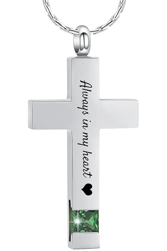 Always in My Heart - Cross Urn Necklace for Ashes With Birthstone Cremation Jewelry Memorial Cross Urn Necklace for Human / Pet