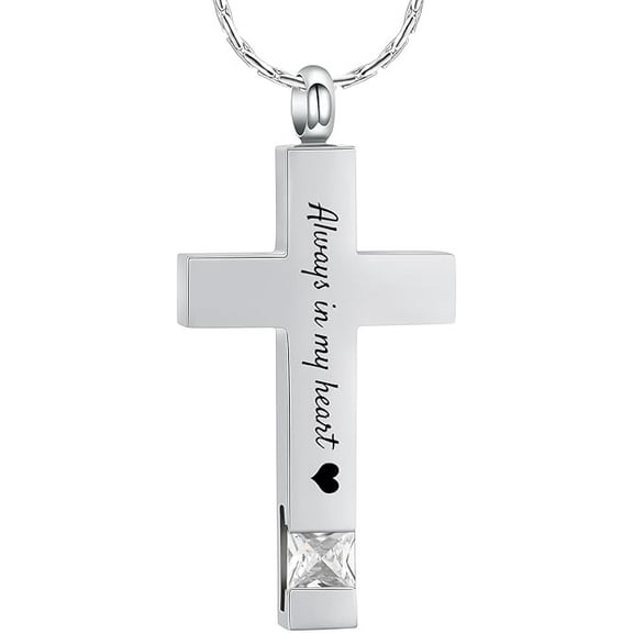 Always in My Heart - Cross Urn Necklace for Ashes With Birthstone Cremation Jewelry Memorial Cross Urn Necklace for Human / Pet