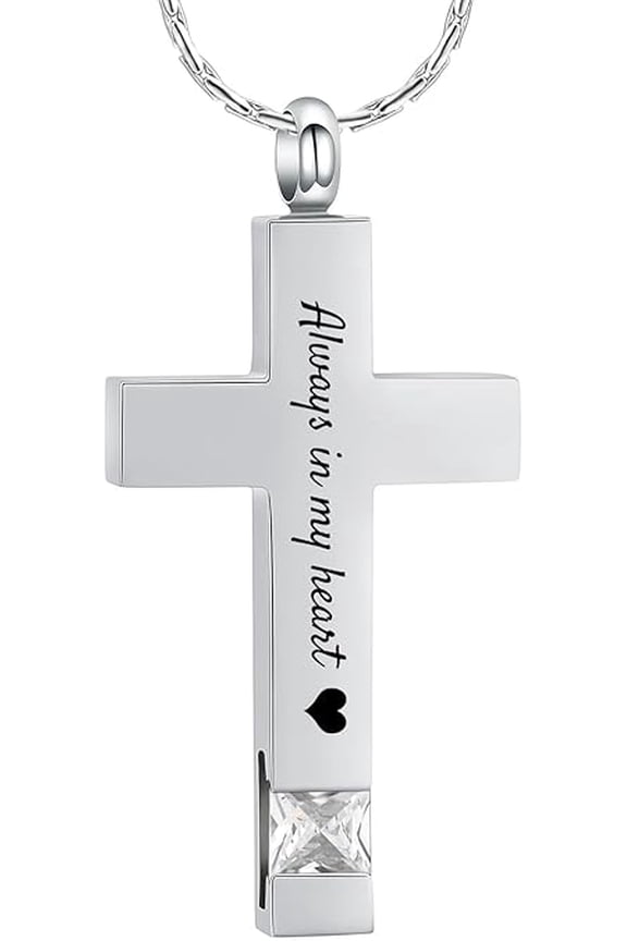 Always in My Heart - Cross Urn Necklace for Ashes With Birthstone Cremation Jewelry Memorial Cross Urn Necklace for Human / Pet