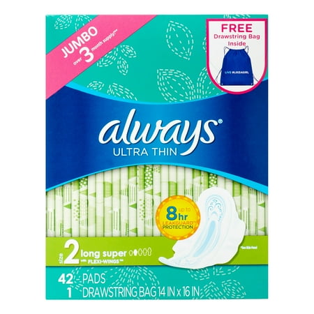 Always ultra thin pads, long & super, 42 ct + bonus sport bag