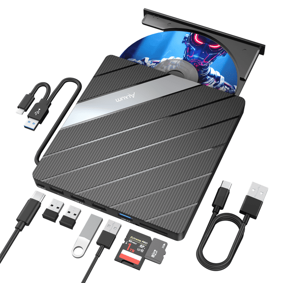 Alxum External CD DVD Drive for Laptop, 8 in 1 Portable CD DVD Burner Rewriter with Multiple Ports Support Faster Transfer Speed CD 8X DVD 24x for Windows 11/10/8/7 MacOS and More