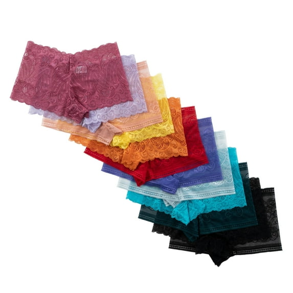 Alyce Ives Intimates All Lace Boyshort Panties, Brights 3, L, 12 Pack