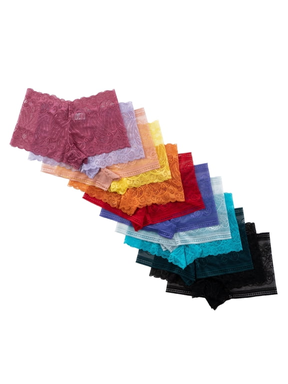 All Lace Boyshort Panties, Brights 3, L, 12 Pack