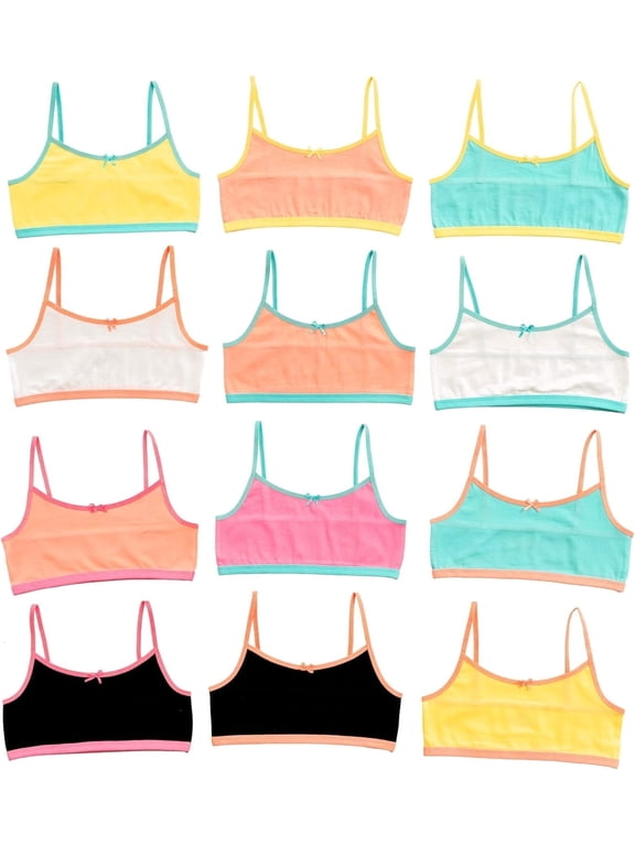 Girls Cami Cotton Training Bras, Contrasting Trim 2, L, 12 Pack