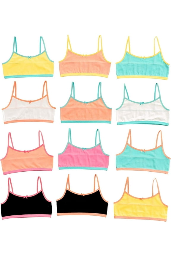 Girls Cami Cotton Training Bras, Contrasting Trim 2, L, 12 Pack