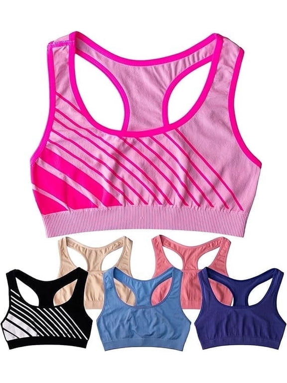 Girls Sports Bra Preteen & Junior Training Bra, L, Sporty Print, 6 Pack