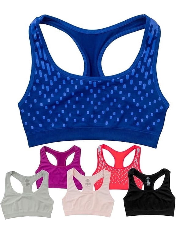 Girls Sports Bra Preteen & Junior Training Bra, M, Dot Prints & Solids, 6 Pack