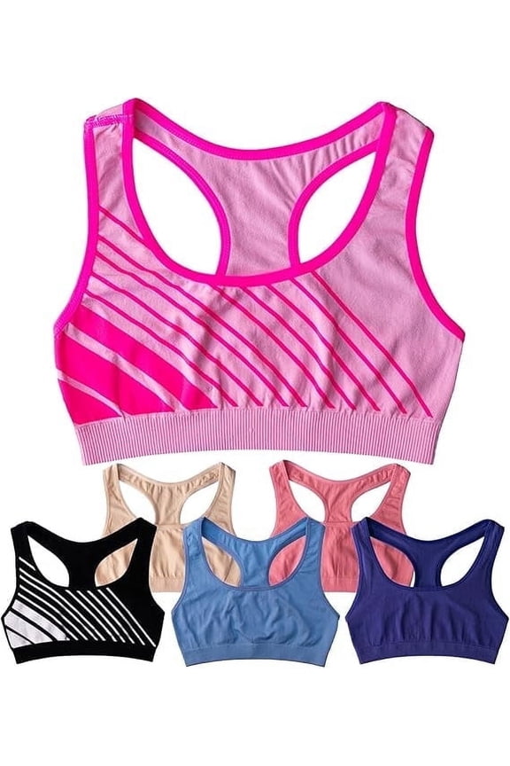 Girls Sports Bra Preteen & Junior Training Bra, M, Sporty Print, 6 Pack