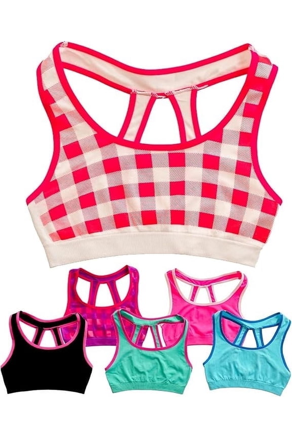 Girls Sports Bra Preteen & Junior Training Bra, S, Checked Prints & Solids, 6 Pack