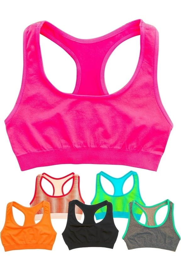 Girls Sports Bra Preteen & Junior Training Bra, S, Prints & Solids, 6 Pack