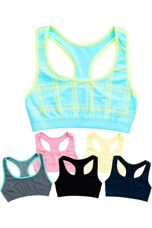 Girls Sports Bra Preteen & Junior Training Bra, XL, Plaid Prints & Solids, 6 Pack