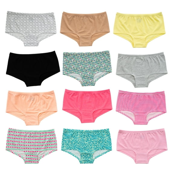 Alyce Ives Intimates High Waisted Cotton Boyshort, Prints & Solids, M, 12 Pack