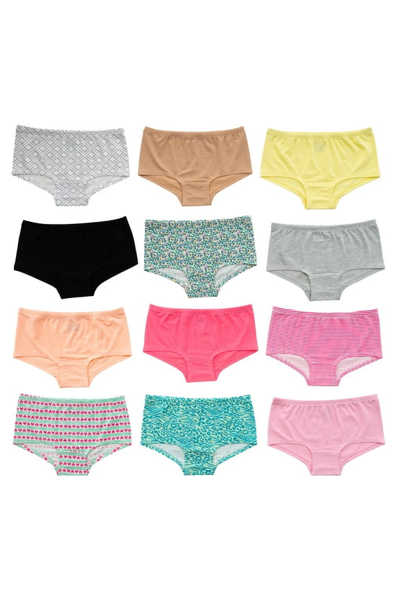 High Waisted Cotton Boyshort, Prints & Solids, M, 12 Pack