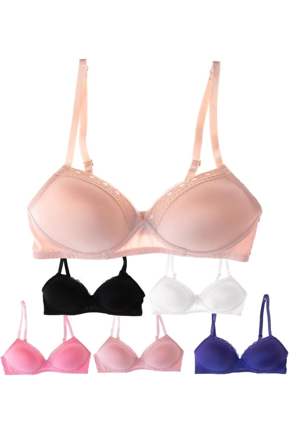 Lightly Padded Bras for Girls, Teens and Petite Women, Lace Edge, 34A, 6 Pack