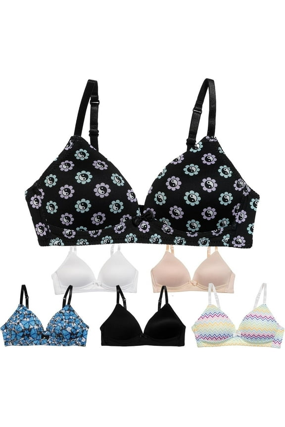Lightly Padded Bras for Girls, Teens and Petite Women, Solids and Prints 2, M, 6 Pack