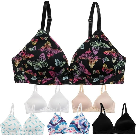 Alyce Ives Intimates Lightly Padded Bras for Girls, Teens and Petite Women, Solids and Prints 3, L, 6 Pack