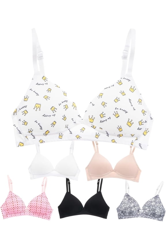 Lightly Padded Bras for Girls, Teens and Petite Women, Solids and Prints, 32A, 6 Pack