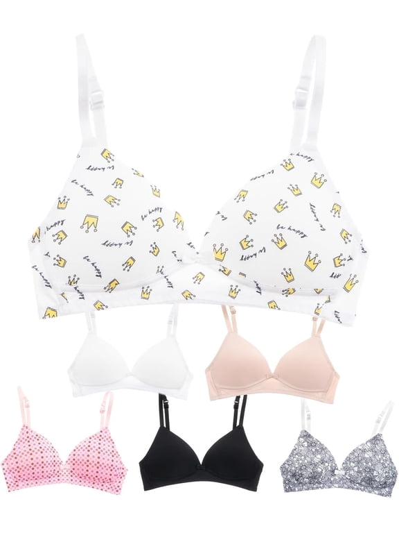Lightly Padded Bras for Girls, Teens and Petite Women, Solids and Prints, 36A, 6 Pack