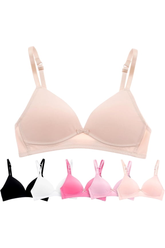 Lightly Padded Bras for Girls, Teens and Petite Women, Solids with Glitter Bow, 30A, 6 Pack