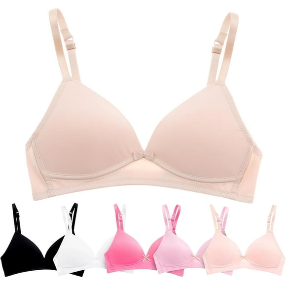 Lightly Padded Bras for Girls, Teens and Petite Women, Solids with Glitter Bow, 30A, 6 Pack